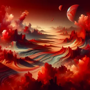 Crimson Echoes of the Unknown | Surreal Abstract Landscape Space Art Print | LoveSpaceArt