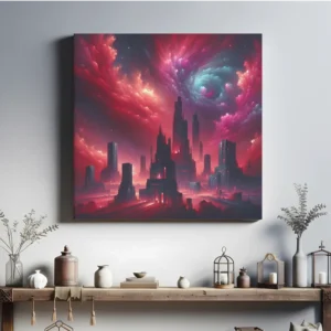 Crimson Cosmos Citadel | Abstract Cyberpunk Space Art | LoveSpaceArt