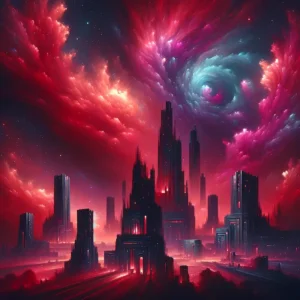 Crimson Cosmos Citadel | Abstract Cyberpunk Space Art | LoveSpaceArt