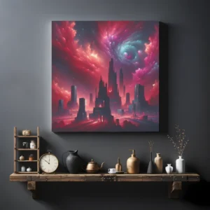 Crimson Cosmos Citadel | Abstract Cyberpunk Space Art | LoveSpaceArt