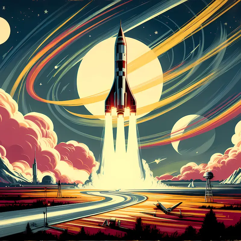 Galactic Launch Scene | Retro Rocket Space Art Print | LoveSpaceArt