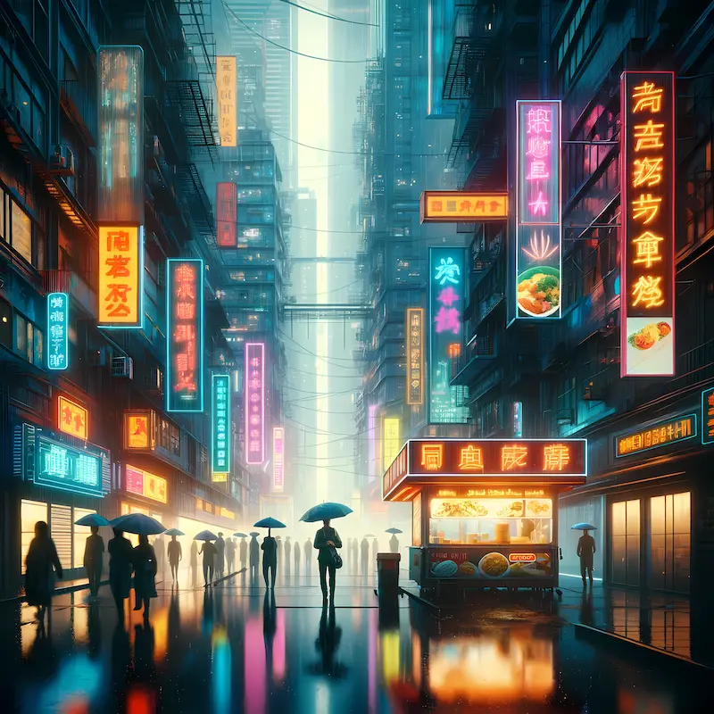 Rainfall Over Neon Streets | Cyberpunk Space Art | LoveSpaceArt