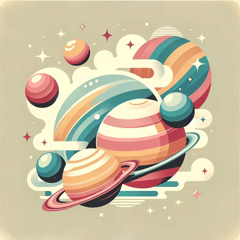 Whimsical Orbits – Retro Planetary Dance | Retro Space Art Prints | LoveSpaceArt